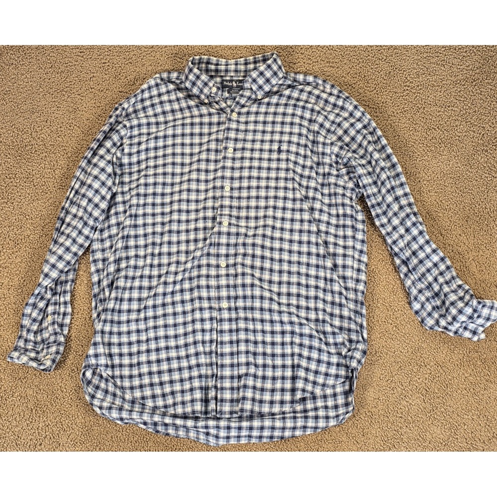 Vtg 90s Ralph Lauren Blake Mens L Plaid Button Down Shirt Cotton Blue Check Pony